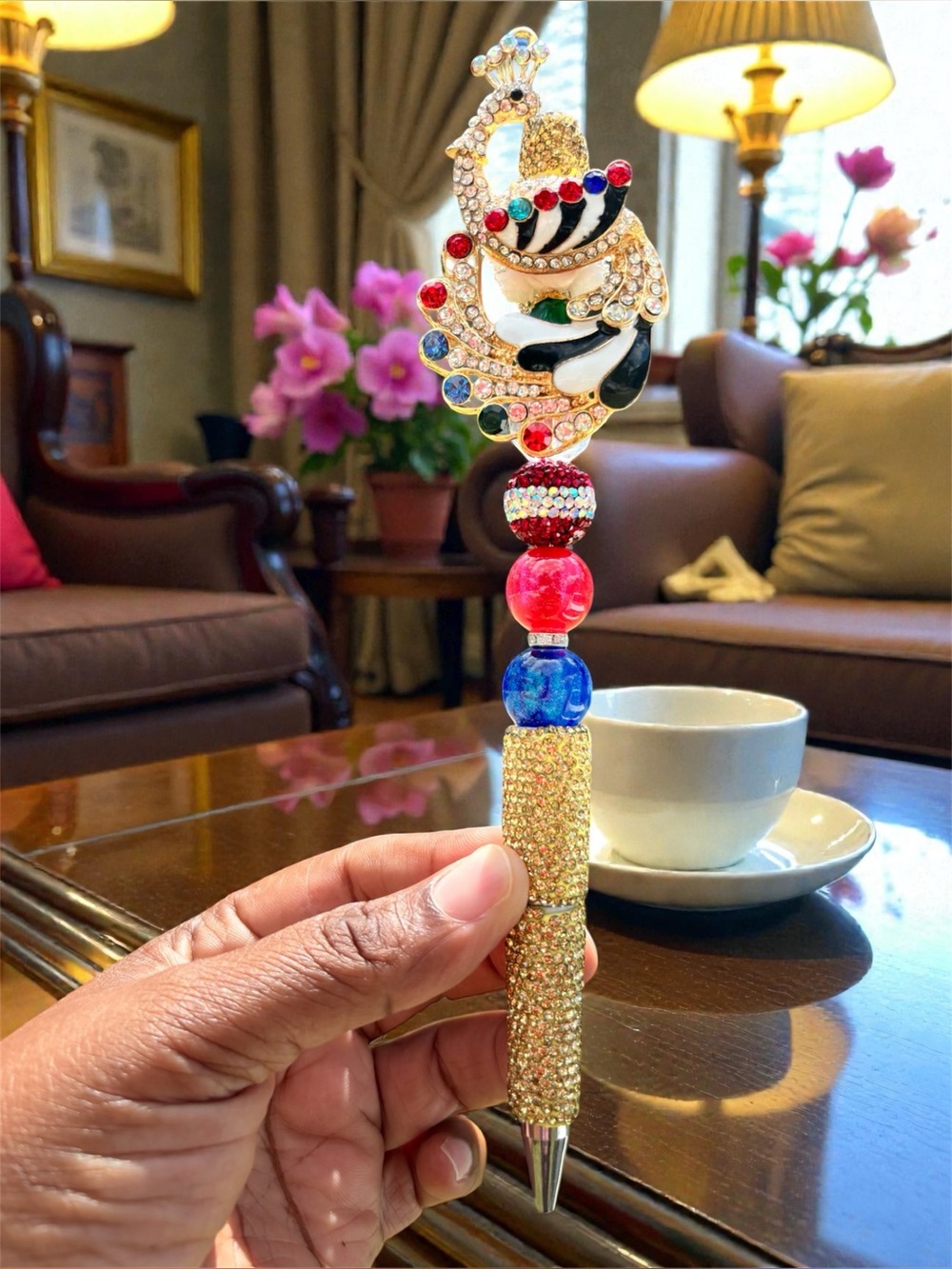 Handcrafted Rhinestone Jeweled Peacock Pen - Gold with Red & Blue Beads